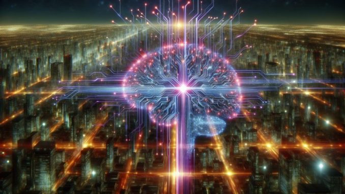 A glowing AI brain network decentralizing outwards into a futuristic cityscape, representing efforts to decentralize artificial intelligence systems