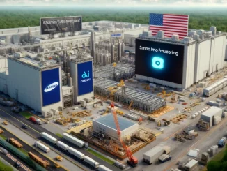 Futuristic chip manufacturing facility showcasing Samsung alongside OpenAI expanding their chip manufacturing capacities in Texas.