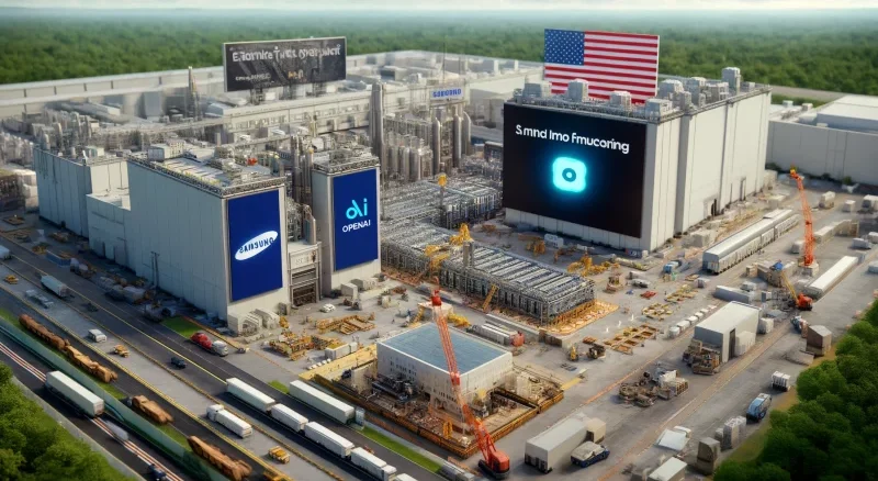 Futuristic chip manufacturing facility showcasing Samsung alongside OpenAI expanding their chip manufacturing capacities in Texas.