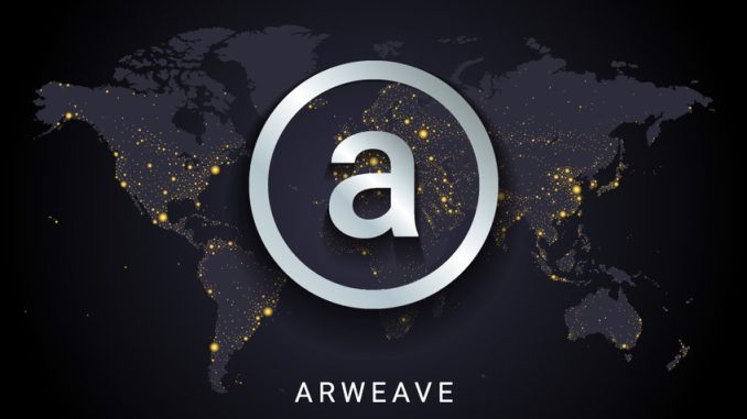 Arweave (AR) cryptocurrency logo against a global background